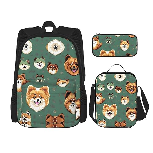 OdDdot Schultaschen-Sets Rucksäcke für Mädchen Schultaschen für Studenten Arbeit Mittagessen Tasche Federmäppchen Unisex Pomeranians Muster, Zwergspitz-Muster, Einheitsgröße von OdDdot