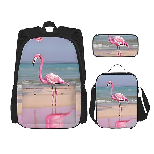 OdDdot Schultaschen-Sets Rucksäcke für Mädchen Schultaschen für Studenten Arbeit Mittagessen Tasche Federmäppchen Unisex Rosa Blume Show Kühe Rinder, Rosa Flamingo am Strand, Einheitsgröße von OdDdot