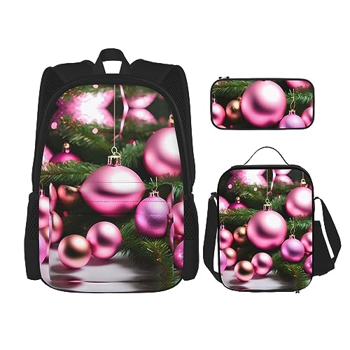 OdDdot Schultaschen-Sets Rucksäcke für Mädchen Schultaschen für Studenten Arbeit Mittagessen Tasche Federmäppchen Unisex Rosa Blume Show Kühe Rinder, Rosa Weihnachtskugel, Einheitsgröße von OdDdot