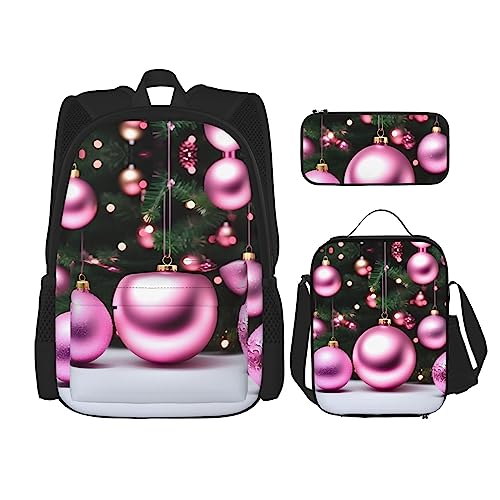 OdDdot Schultaschen-Sets Rucksäcke für Mädchen Schultaschen für Studenten Arbeit Mittagessen Tasche Federmäppchen Unisex Rosa Blume Show Kühe Rinder, Rosa Weihnachtskugeln, Einheitsgröße von OdDdot