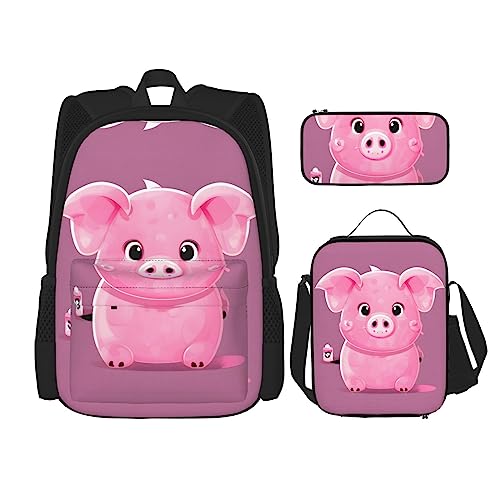 OdDdot Schultaschen-Sets Rucksäcke für Mädchen Schultaschen für Studenten Arbeit Mittagessen Tasche Federmäppchen Unisex Rosa Blume Show Kühe Rinder, Rosa süßes Schwein, Einheitsgröße von OdDdot