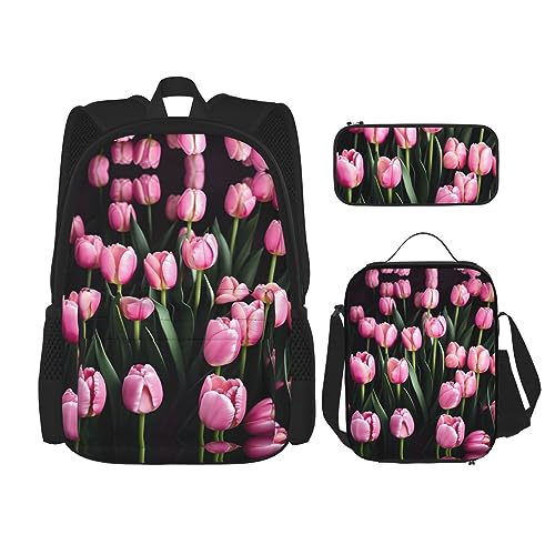 OdDdot Schultaschen-Sets Rucksäcke für Mädchen Schultaschen für Studenten Arbeit Mittagessen Tasche Federmäppchen Unisex Rosa Blume Show Kühe Rinder, Rosa und Tulpen, Einheitsgröße von OdDdot