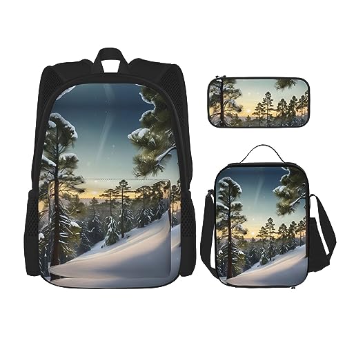 OdDdot Schultaschen-Sets Rucksäcke für Mädchen Schultaschen für Studenten Arbeit Mittagessen Tasche Federmäppchen Unisex Rosa Blume Show Kühe Rinder, Tannennadelbaum Winterlandschaft Druck, von OdDdot