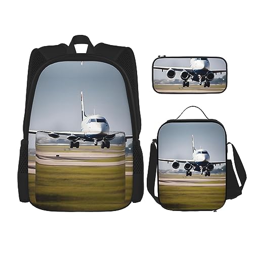 OdDdot Schultaschen-Sets Rucksäcke für Mädchen Schultaschen für Studenten Arbeit Mittagessen Tasche Federmäppchen Unisex Schwarz & Weiß Big Dot, Flugzeug im Flug, Einheitsgröße von OdDdot