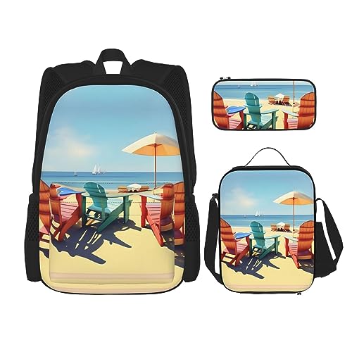 OdDdot Schultaschen-Sets Rucksäcke für Mädchen Schultaschen für Studenten Arbeit Mittagessen Tasche Federmäppchen Unisex Schwarz & Weiß Big Dot, Strandkörbe und Landschaft, Einheitsgröße von OdDdot