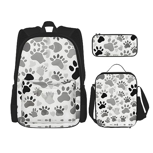 OdDdot Schultaschen-Sets Rucksäcke für Mädchen Schultaschen für Studenten Arbeit Mittagessen Tasche Federmäppchen Unisex Schwarz & Weiß Big Dot, Tierpfotenabdruck, Einheitsgröße von OdDdot