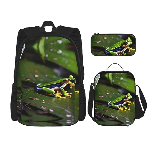 OdDdot Schultaschen-Sets Rucksäcke für Mädchen Schultaschen für Studenten Arbeit Mittagessen Tasche Federmäppchen Unisex Stiefmütterchen Perfektion Druck, Frieden Baum Frösche, Einheitsgröße von OdDdot