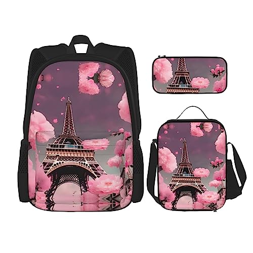 OdDdot Schultaschen-Sets Rucksäcke für Mädchen Schultaschen für Studenten Arbeit Mittagessen Tasche Federmäppchen Unisex Stiefmütterchen Perfektion Druck, Paris Street Eiffelturm Pink Floral, von OdDdot