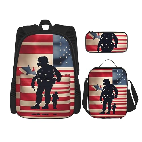 OdDdot Schultaschen-Sets Rucksäcke für Mädchen Schultaschen für Studenten Arbeit Mittagessen Tasche Federmäppchen Unisex US Militär Soldaten Patriotischen Gedenktag, Patriotischer Gedenktag für von OdDdot