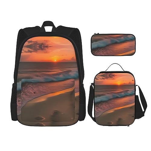 OdDdot Schultaschen-Sets Rucksäcke für Mädchen Schultaschen für Studenten Arbeit Mittagessen Tasche Federmäppchen Unisex US Militär Soldaten Patriotischen Gedenktag, Sonnenuntergang am Strand, von OdDdot