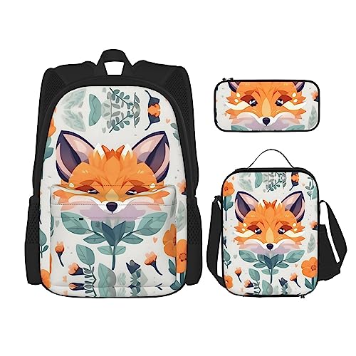 OdDdot Schultaschen-Sets Rucksäcke für Mädchen Schultaschen für Studenten Arbeit Mittagessen Tasche Federmäppchen Unisex rot und Rosen, Niedliche Fuchsblume, Einheitsgröße von OdDdot