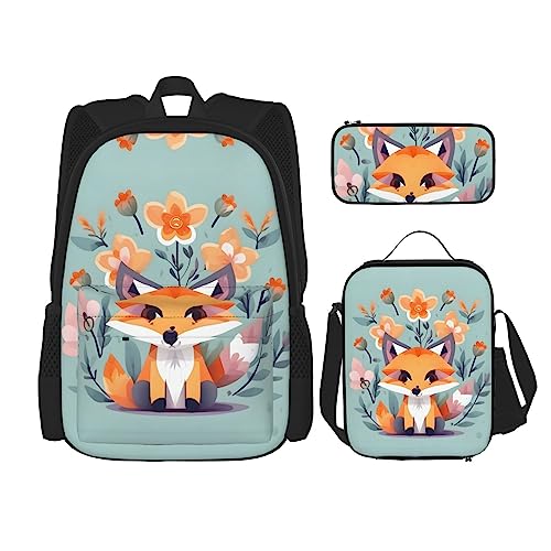 OdDdot Schultaschen-Sets Rucksäcke für Mädchen Schultaschen für Studenten Arbeit Mittagessen Tasche Federmäppchen Unisex rot und Rosen, Niedliche Tierfuchs Blumen, Einheitsgröße von OdDdot