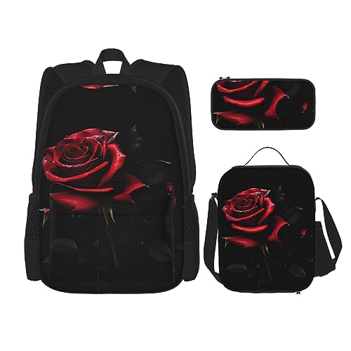 OdDdot Schultaschen-Sets Rucksäcke für Mädchen Schultaschen für Studenten Arbeit Mittagessen Tasche Federmäppchen Unisex rot und Rosen, Rot und Rosen, Einheitsgröße von OdDdot