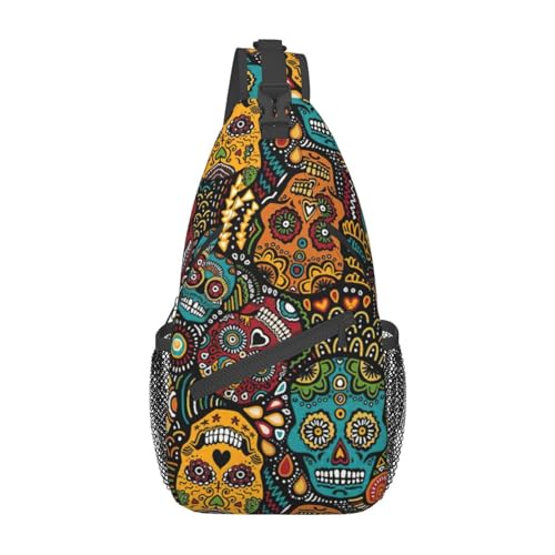 Umhängetasche mit Bohemian-Blumendruck, Umhängetasche, Schultertasche für Damen, Reisen, Wandern, Brusttasche, Tagesrucksack, Sugar Skulls Print, Einheitsgröße von OdDdot