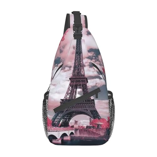 Umhängetasche mit Camouflage-Muster, Schultertasche, Rucksack für Damen, Reisen, Wandern, Brusttasche, Tagesrucksack, Eiffelturm mit rosa Landschaft, Einheitsgröße von OdDdot