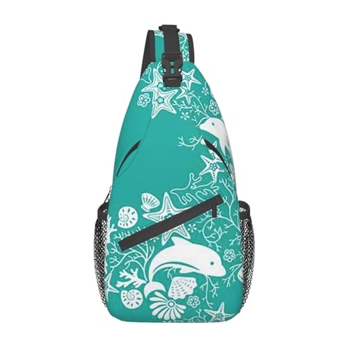 Umhängetasche mit Delfinen, Blumen, Seestern, Korallen, Muscheldruck, Umhängetasche, Schultertasche für Damen, Reisen, Wandern, Brusttasche, Tagesrucksack, Delfine Blumen Meer Seestern Koralle von OdDdot