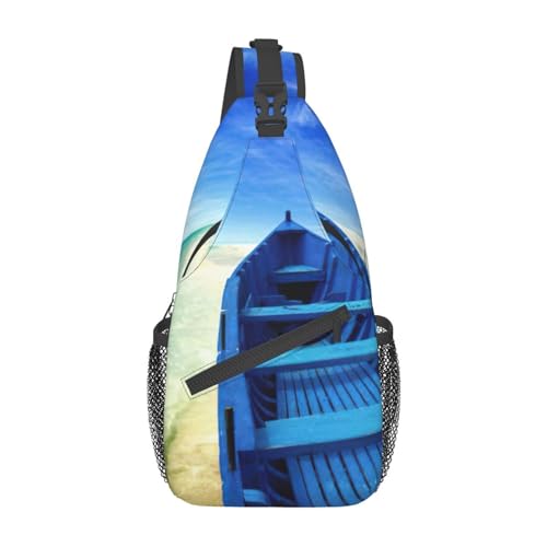 Umhängetasche mit Holzmaserung, Schultertasche, für Damen, Reisen, Wandern, Brusttasche, Tagesrucksack, Blue Sky Yellow Beach Boat, Einheitsgröße von OdDdot