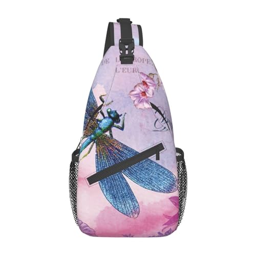 Umhängetasche mit Sternschnuppenmotiv und Herz-Druck, Schultertasche, Schultertasche für Damen, Reisen, Wandern, Brusttasche, Tagesrucksack, Rosa Blume und blaue Libelle, Einheitsgröße von OdDdot