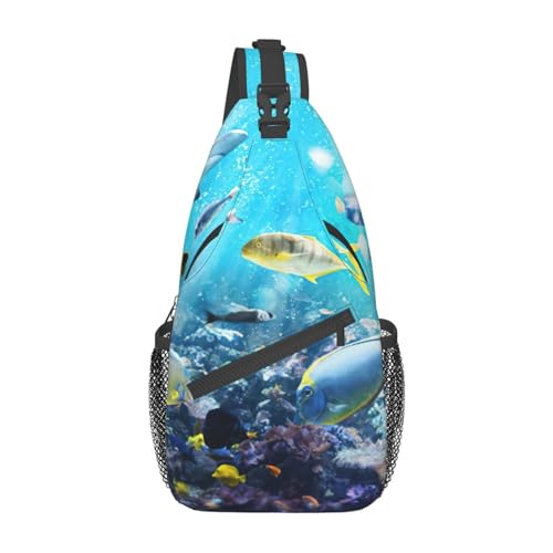 Umhängetasche mit niedlichem Leopardenmuster, Schultertasche, Rucksack für Damen, Reisen, Wandern, Brusttasche, Tagesrucksack, Bunte 3D-Naturlandschaft des Meeres, unter Wasser tropischer Fische, von OdDdot