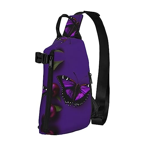 Wasserdichte Polyester-Gürteltasche, langlebig und leicht, Crossbody-Schultertasche für Damen, ideal für Reisen, Palme, violetter Sonnenuntergang, Ein lila Pflaume Schmetterling, Einheitsgröße von OdDdot