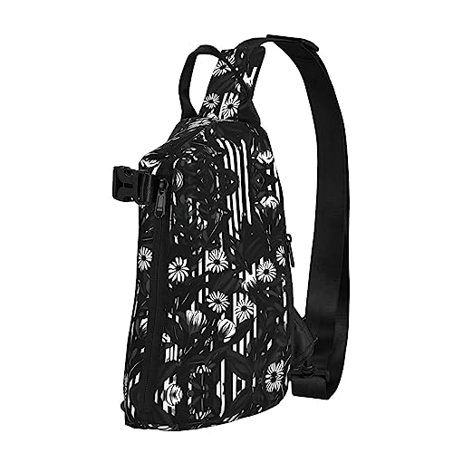 Wasserdichte Polyester-Gürteltasche, langlebig und leicht, Crossbody-Schultertasche für Damen, ideal für Reisen, Schwarz / Weiß / Milchkuh, Schwarz-weiß gestreifte Blumen, Einheitsgröße von OdDdot