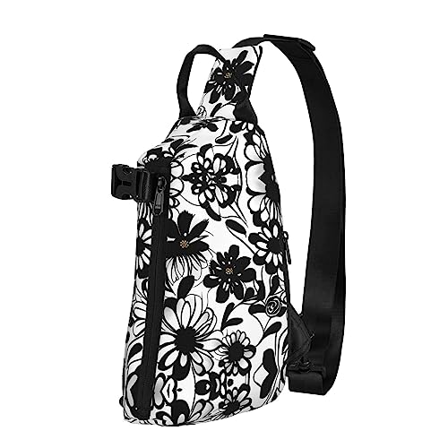 Wasserdichte Polyester-Gürteltasche, langlebig und leicht, Crossbody-Schultertasche für Damen, ideal für Reisen, Schwarz / Weiß / Milchkuh, Schwarz-weiße Blumen, Einheitsgröße von OdDdot