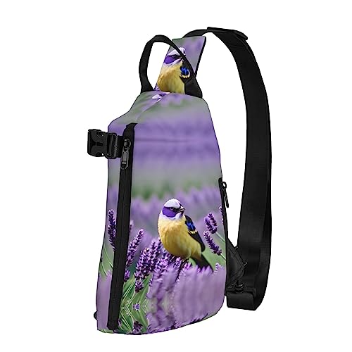 Wasserdichte Polyester-Gürteltasche, langlebig und leicht, Crossbody-Schultertasche für Damen, ideal für Reisen, blau-beige, quadratisches Muster, Vogel In Lila Lavendel Blumen Blumen, Einheitsgröße von OdDdot