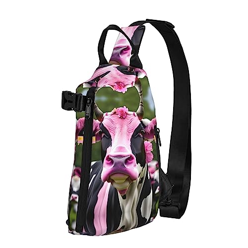 Wasserdichte Polyester-Gürteltasche, langlebig und leicht, Crossbody-Schultertasche für Damen, ideal für Reisen, rosa Blumenschau, Kühe, Rinder, Pink Flower Show Kühe Rinder, Einheitsgröße von OdDdot