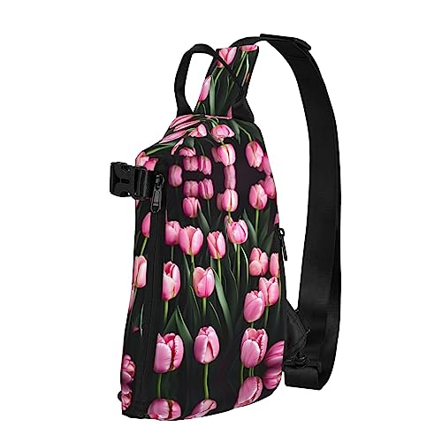 Wasserdichte Polyester-Gürteltasche, langlebig und leicht, Crossbody-Schultertasche für Damen, ideal für Reisen, rosa Blumenschau, Kühe, Rinder, Rosa und Tulpen, Einheitsgröße von OdDdot