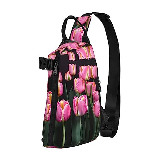 Wasserdichte Polyester-Gürteltasche, langlebig und leicht, Crossbody-Schultertasche für Damen, ideal für Reisen, rosa Blumenschau, Kühe, Rinder, Rosa und Tulpenaufdruck, Einheitsgröße von OdDdot