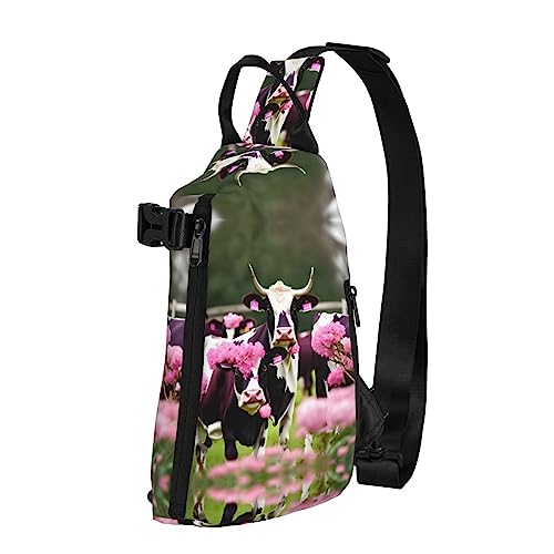 Wasserdichte Polyester-Gürteltasche, langlebig und leicht, Crossbody-Schultertasche für Damen, ideal für Reisen mit Pommerschen Muster, Pink Flower Show Steer Kühe Rinder, Einheitsgröße von OdDdot