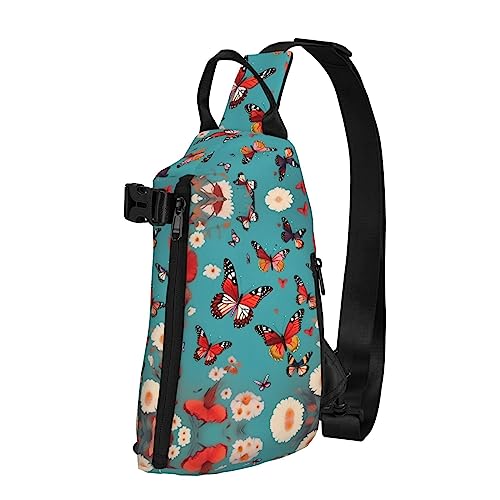 Wasserdichte Polyester-Gürteltasche, langlebig und leicht, Crossbody-Sling-Tasche für Damen, ideal für Reisen, letzte Sonnenstrahlen von über dem Meer Wellen, Henne fliegende Schmetterlinge unter von OdDdot