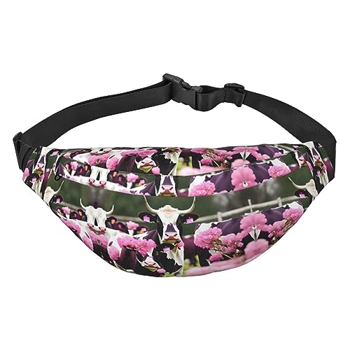 Wasserdichte Gürteltasche aus Polyester mit – leichte und langlebige Umhängetasche für Damen und Herren mit Pflanzen und Blumen, Pink Flower Show Steer Cows Rinder, Einheitsgröße von Odddot