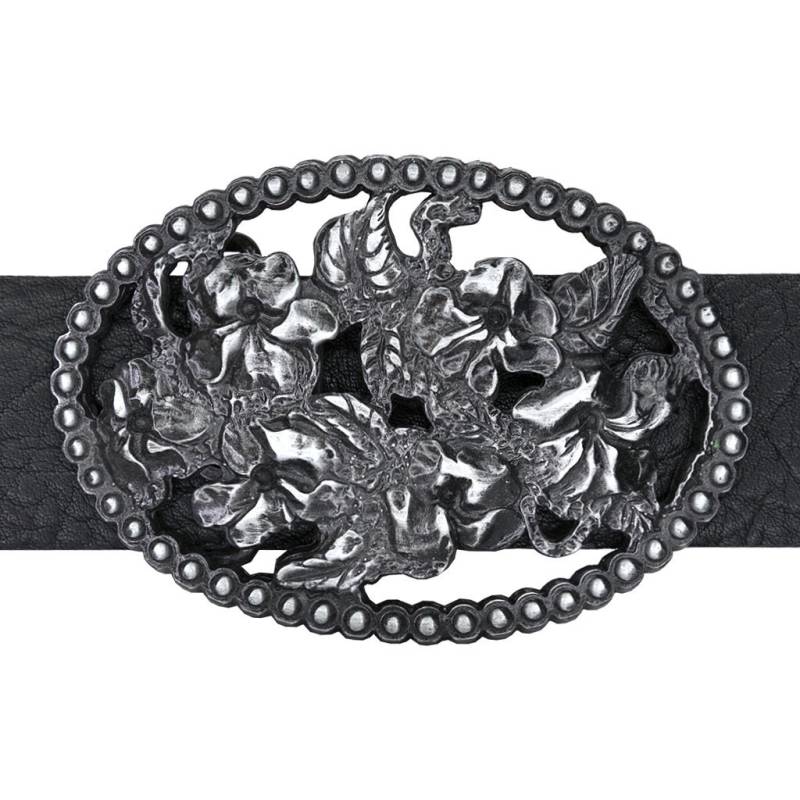 Ovale Schwarze Zinn Gürtelschnalle Mit Detailliertem Blumenmuster von OddsEndsandGoodStuff