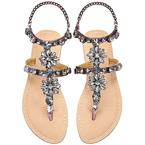 Odema Damen Kristall Diamant Strass Bohemia Flip Flops Strand T-Strap Flache Sandalen, Grau (Dunkelgrau), 36 EU von Odema