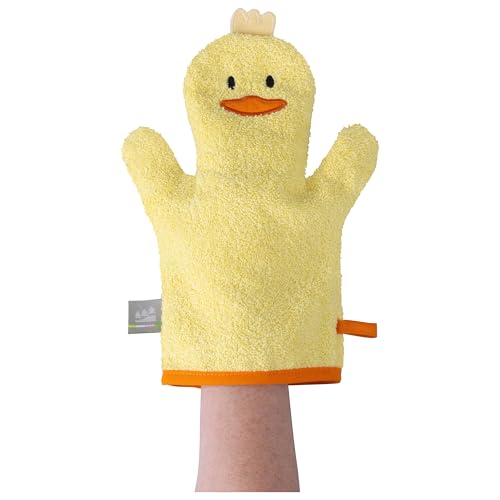 Waschhandschuh Quaki– Weicher Frottee-Waschlappen mit Tiermotiv Ente, hautfreundlich & waschbar, für Babys & Kinder yellow von Odenwälder BabyNest