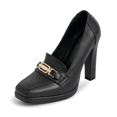 Odetina Damen High Heels Kleid Schuhe Plafrom Geschlossene Zehen Slip On Chunky Heels Pumps, Schwarz, 41 EU von Odetina