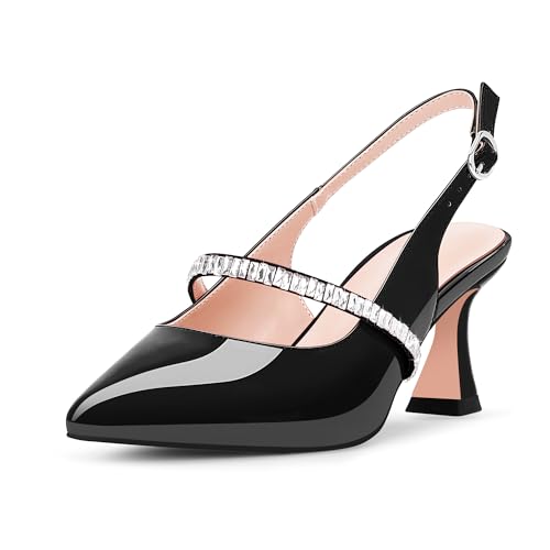 Odetina Damen Slingback Heels Strass Spitze Zehen Chunky Heel Pumps Party Kleid Schuhe, Schwarz, 38.5 EU von Odetina