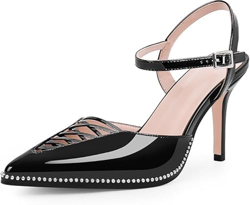 Odetina Damen Stilettos High Heel Knöchelriemchen Pumps Aushöhlen Spitze Spitze Perlen Kleid Schuhe, Schwarz, 39.5 EU von Odetina