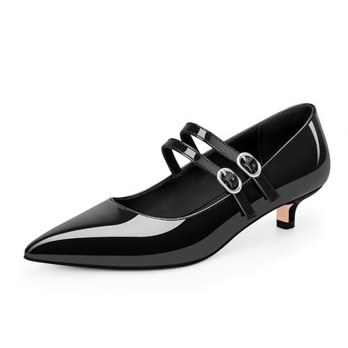 Odetina Mary Jane Damen-Pumps mit spitzem Zehenbereich, Kätzchen-Absatz, doppelte Schnalle, Riemen, elegante Schuhe, Schwarz, 38.5 EU von Odetina