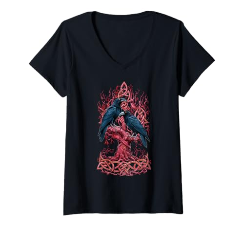 Damen Wikinger keltischer Huginn & Muninn Odins Norse Ravens YGGDRASIL T-Shirt mit V-Ausschnitt von Odin Norse Mythology Raven Viking Valhalla Norse
