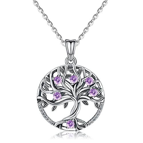 Baum des Lebens Kette, Damen Lebensbaum Anhänger Halskette 100% S925 Sterling Silber Zirkonia Schmuck für Sie Freundin Muttertags Jubiläum Weihnachten Valentinstag Geburtstagsgeschenke (Violett) von Odinstone