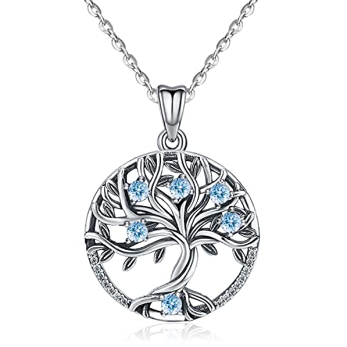 Baum des Lebens Kette, Damen Lebensbaum Anhänger Halskette 100% S925 Sterling Silber Zirkonia Schmuck für Sie Freundin Muttertags Jubiläum Weihnachten Valentinstag Geburtstagsgeschenke (blau) von Odinstone