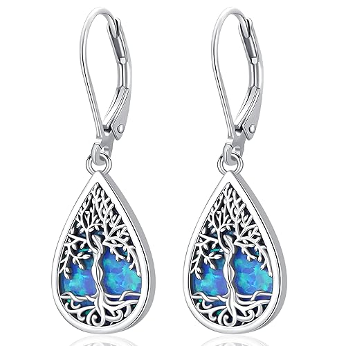 Baum des Lebens Ohrringe für Frauen Mädchen - Sterling Silber Teardrop Blue Opal Hypoallergene Dangle Drop Schmuck Geschenke von Odinstone