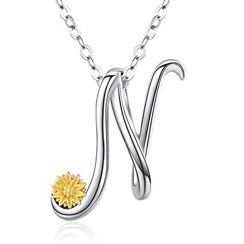 Buchstaben Kette, Damen Namen Sterling Silber Anhänger Alphabet Initialen Halskette für Frauen Mit Sonnenblume Geschenke für Frauen Damen Mädchen (N) von Odinstone