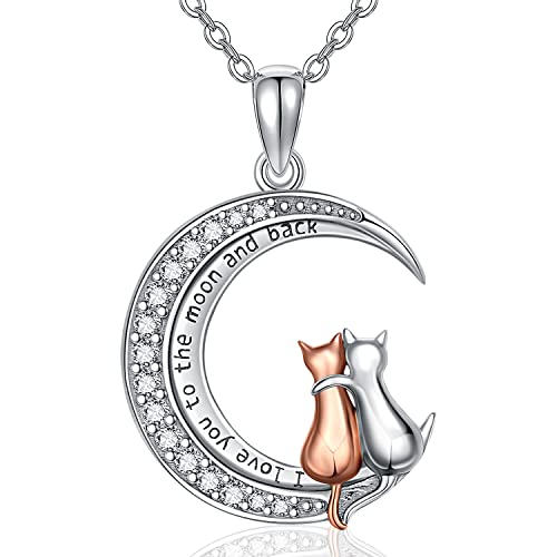 Katze Schmuck für Frauen Katze Halsketten Anhänger Katze Geschenke für Katzenliebhaber 925 Sterling Silber Zwei Katzen auf dem Mond Halskette mit Cubic Zirkonia Katze Anhänger Collarbone Halskette von Odinstone