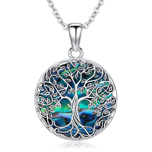Odinstone Lebensbaum Kette Silber 925 Keltisch Baum des Lebens Anhänger Familie Halskette Abalone Muschel Schmuck für Frauen Geschenke für Damen Mutter von Odinstone