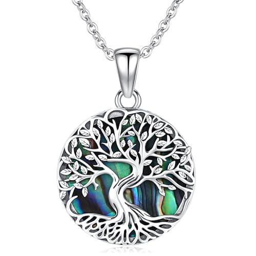 Odinstone Lebensbaum Kette 925 Sterling Silber Abalone Muschel Familie Baum des Lebens Anhänger Silber Schmuck für Frauen Besondere Geschenke für Mama/Freundin (Lebensbaum-E) von Odinstone