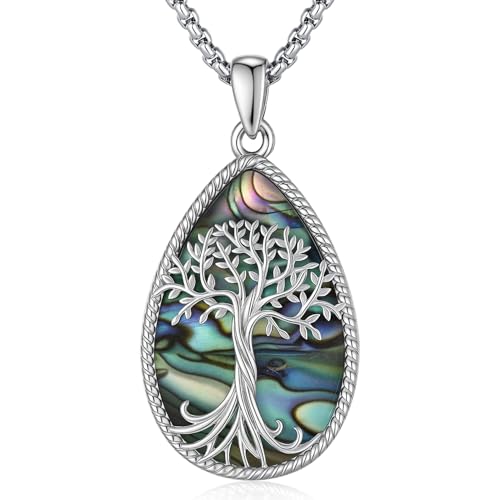 Odinstone Baum des Lebens Halskette 925 Sterling Silber Teardrop Lebensbaum Anhänger Abalone Shell Familie Kette Schmuck Mütter Tag Jahrestag Geburtstag Geschenke für Damen Frauen Mutter Mum von Odinstone