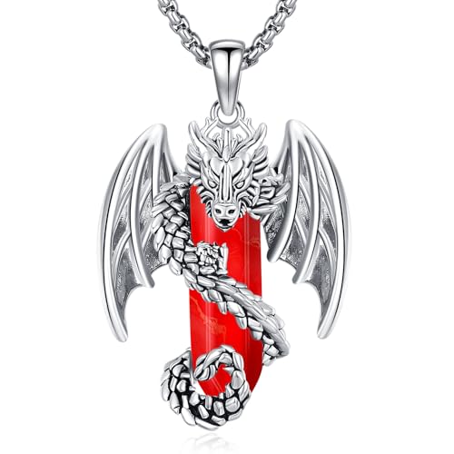 Odinstone Drachen Kette Kristall Halskette Drache Wikinger Anhänger Silber Roter Kristall Vergoldet Gothic Schmuck Goth Geschenk Herren Damen Männer Frauen von Odinstone